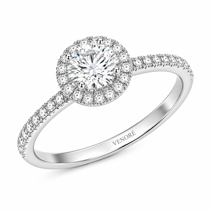 Round Cut Halo Lab Grown Diamond Ring with Pavé Band ✧ 1-4 Carat