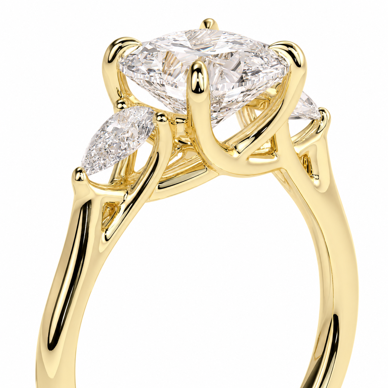 Cushion Cut Lab Grown Trilogy Diamond Ring With Pear Cut Side Stones ✧ 1-4 Carat