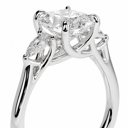 Cushion Cut Lab Grown Trilogy Diamond Ring With Pear Cut Side Stones ✧ 1-4 Carat