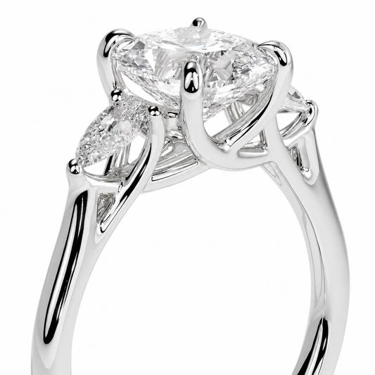 Cushion Cut Lab Grown Trilogy Diamond Ring With Pear Cut Side Stones ✧ 1-4 Carat