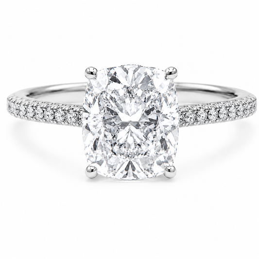 Elongated Cushion Cut Hidden Halo Lab Grown Diamond Ring with 3-side Pavé Band ✧ 1-4 Carat