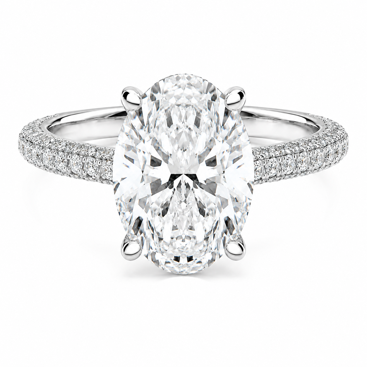 Oval Cut Hidden Halo Lab Grown Diamond Ring with 3-side Pavé Band ✧ 1-4 Carat