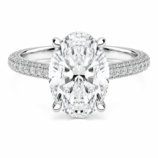 Oval Cut Hidden Halo Lab Grown Diamond Ring with 3-side Pavé Band ✧ 1-4 Carat