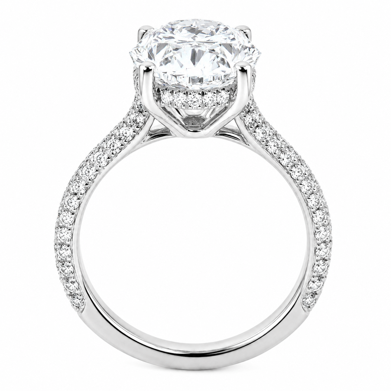 Oval Cut Hidden Halo Lab Grown Diamond Ring with 3-side Pavé Band ✧ 1-4 Carat