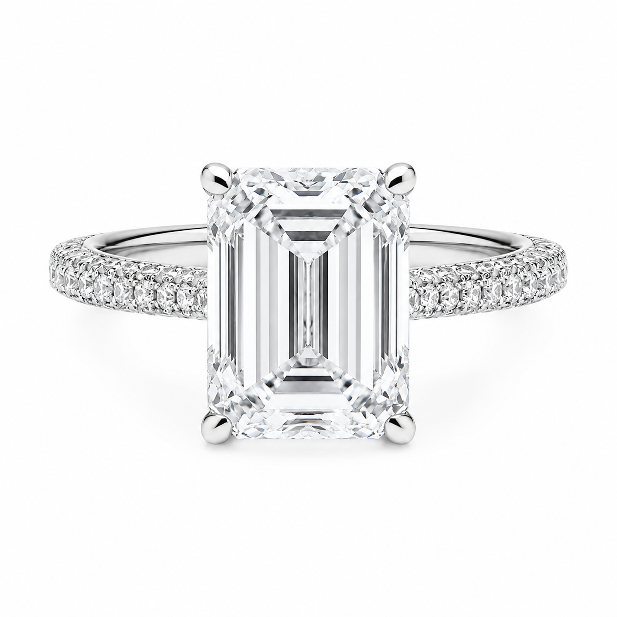 Emerald Cut Hidden Halo Lab Grown Diamond Ring with 3-side Pavé Band ✧ 1-4 Carat