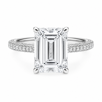 Emerald Cut Hidden Halo Lab Grown Diamond Ring with 3-side Pavé Band ✧ 1-4 Carat