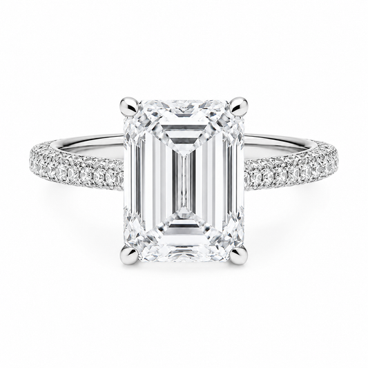 Emerald Cut Hidden Halo Lab Grown Diamond Ring with 3-side Pavé Band ✧ 1-4 Carat