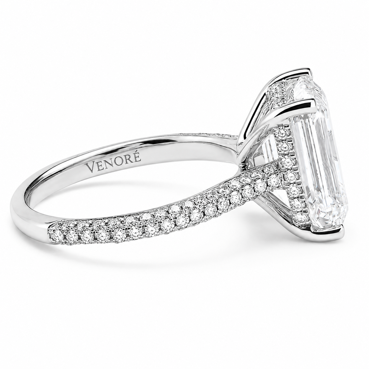 Emerald Cut Hidden Halo Lab Grown Diamond Ring with 3-side Pavé Band ✧ 1-4 Carat