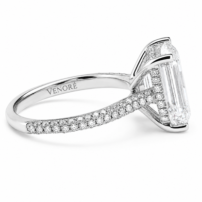 Emerald Cut Hidden Halo Lab Grown Diamond Ring with 3-side Pavé Band ✧ 1-4 Carat
