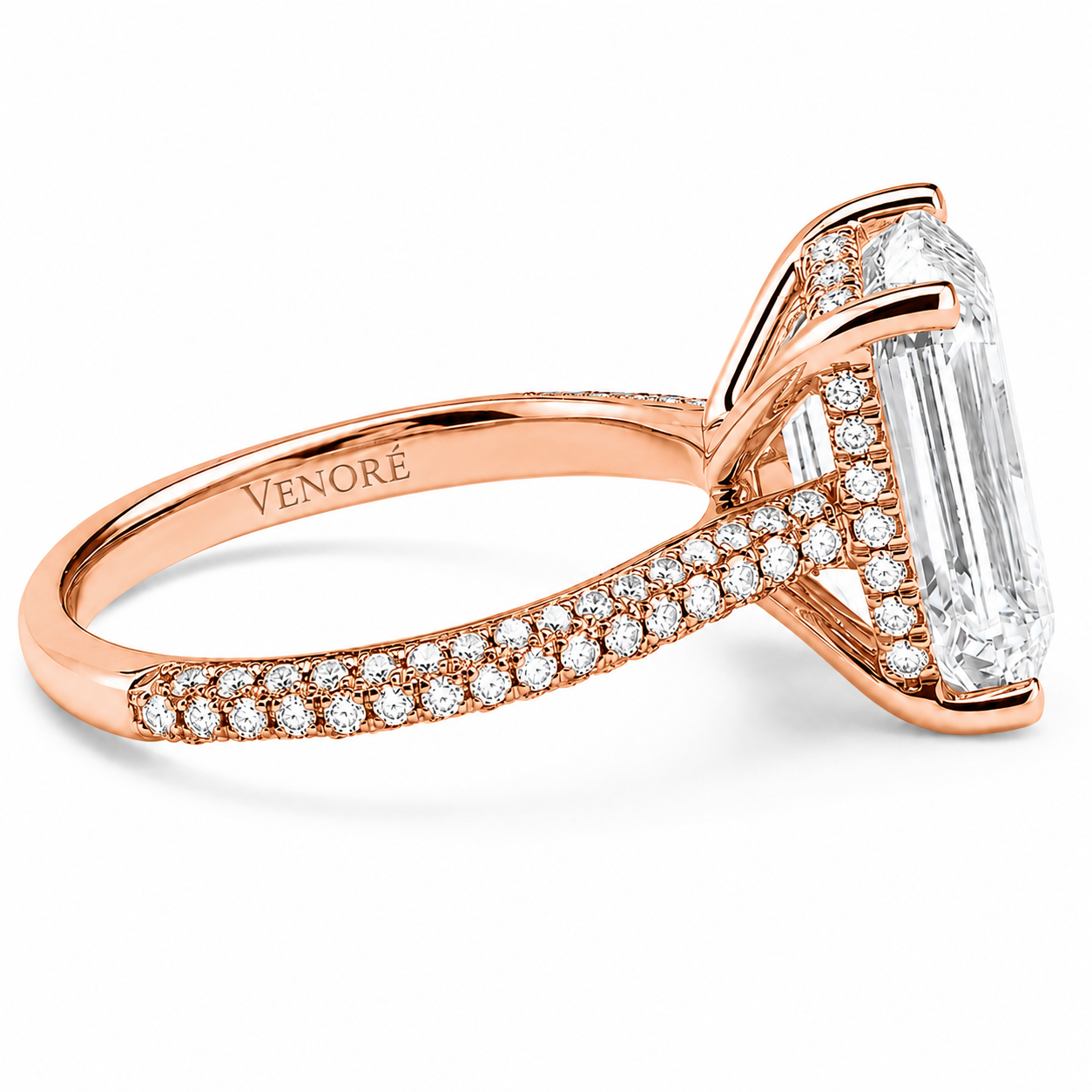 Emerald Cut Hidden Halo Lab Grown Diamond Ring with 3-side Pavé Band ✧ 1-4 Carat