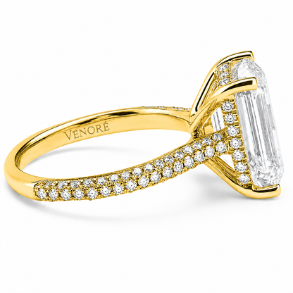 Emerald Cut Hidden Halo Lab Grown Diamond Ring with 3-side Pavé Band ✧ 1-4 Carat
