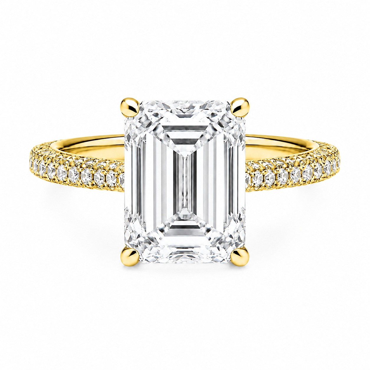 Emerald Cut Hidden Halo Lab Grown Diamond Ring with 3-side Pavé Band ✧ 1-4 Carat
