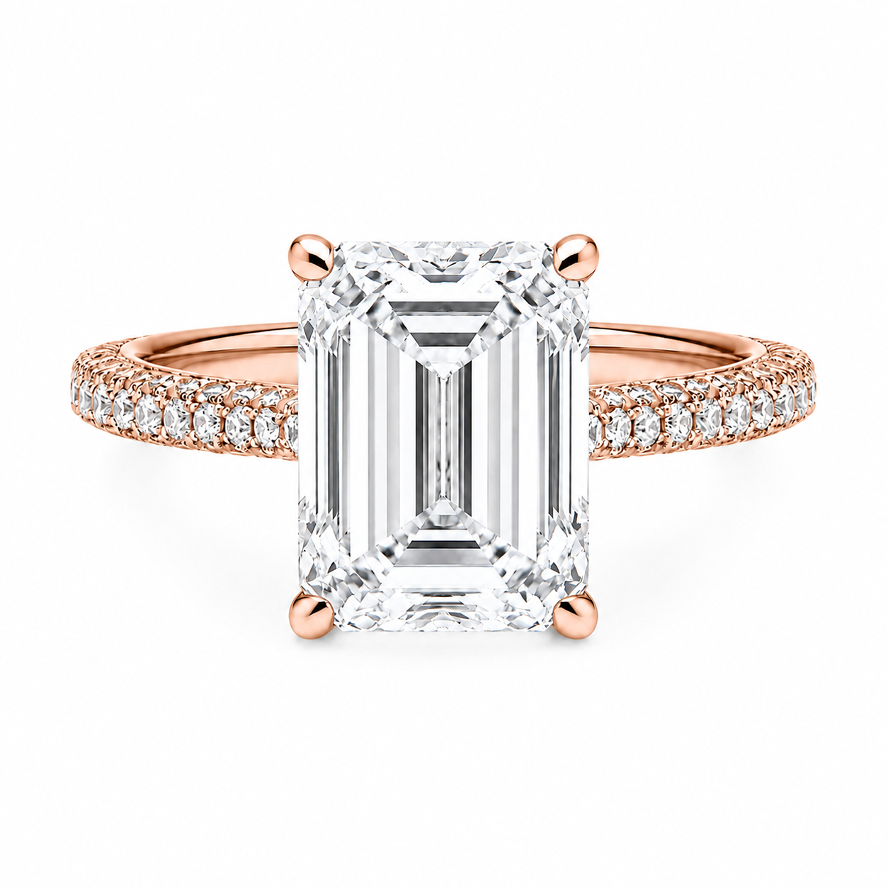 Emerald Cut Hidden Halo Lab Grown Diamond Ring with 3-side Pavé Band ✧ 1-4 Carat