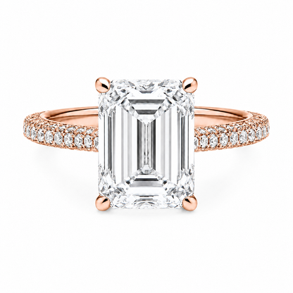 Emerald Cut Hidden Halo Lab Grown Diamond Ring with 3-side Pavé Band ✧ 1-4 Carat