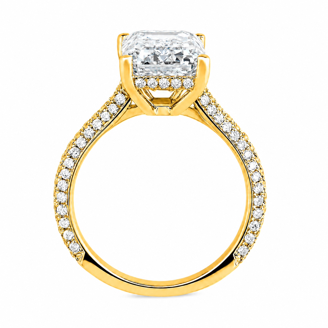Emerald Cut Hidden Halo Lab Grown Diamond Ring with 3-side Pavé Band ✧ 1-4 Carat