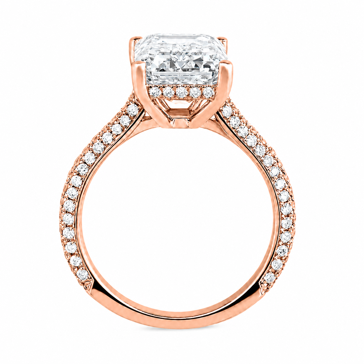 Emerald Cut Hidden Halo Lab Grown Diamond Ring with 3-side Pavé Band ✧ 1-4 Carat