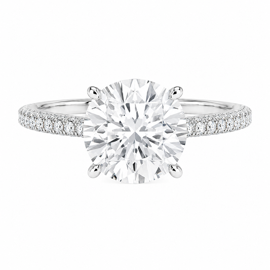 Round Cut Hidden Halo Lab Grown Diamond Ring with 3-side Pavé Band ✧ 1-4 Carat
