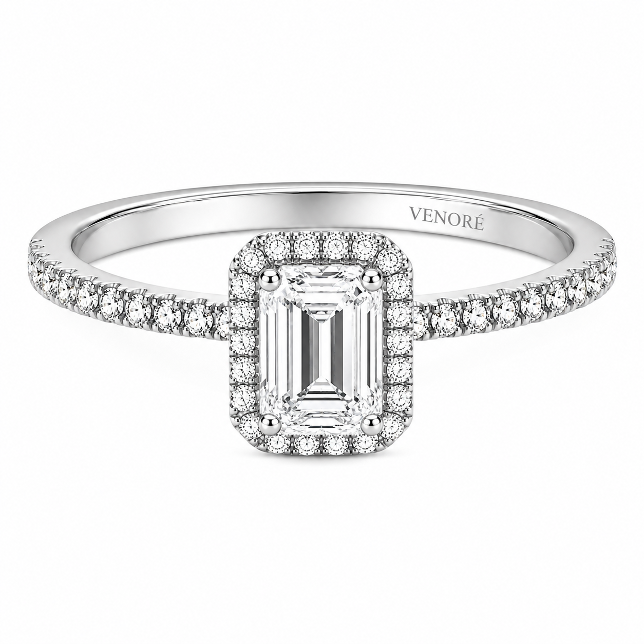 Emerald Cut Halo Lab Grown Diamond Ring with Pavé Band ✧ 1-4 Carat