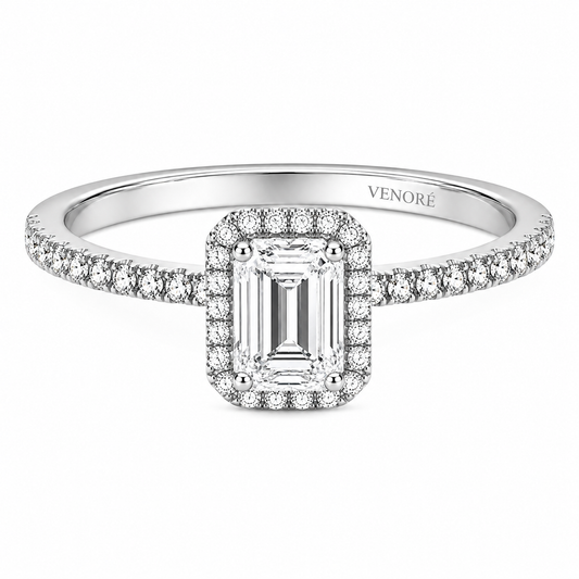 Emerald Cut Halo Lab Grown Diamond Ring with Pavé Band ✧ 1-4 Carat
