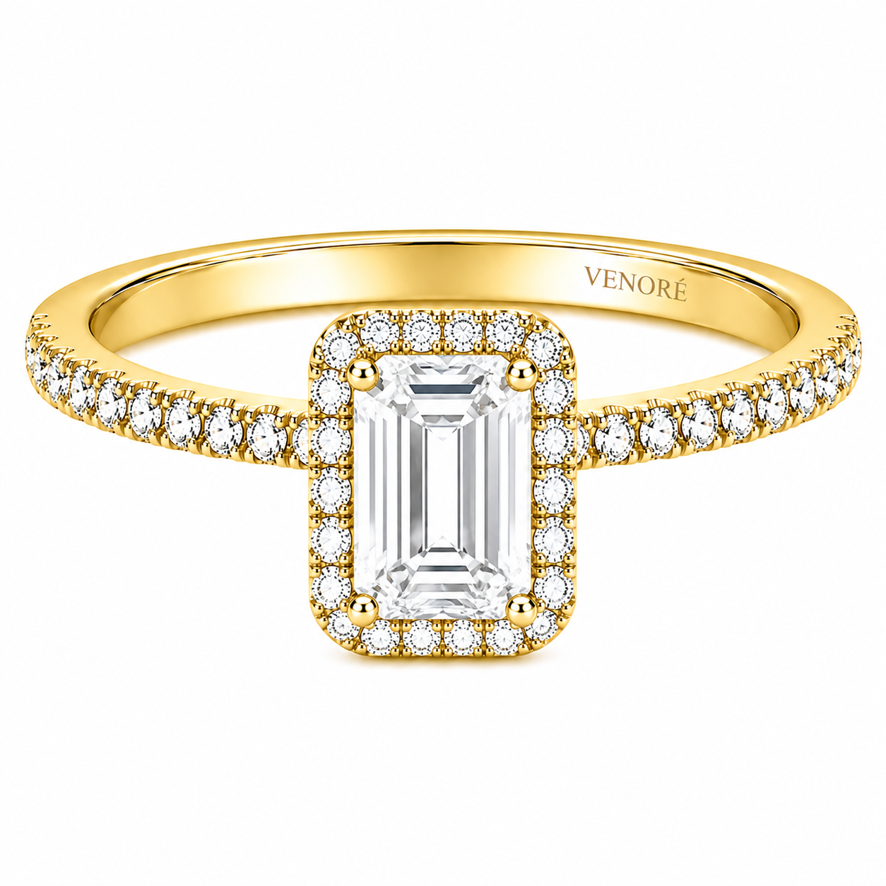 Emerald Cut Halo Lab Grown Diamond Ring with Pavé Band ✧ 1-4 Carat