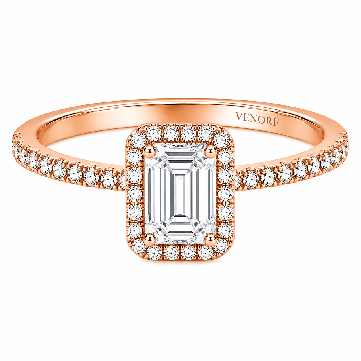 Emerald Cut Halo Lab Grown Diamond Ring with Pavé Band ✧ 1-4 Carat
