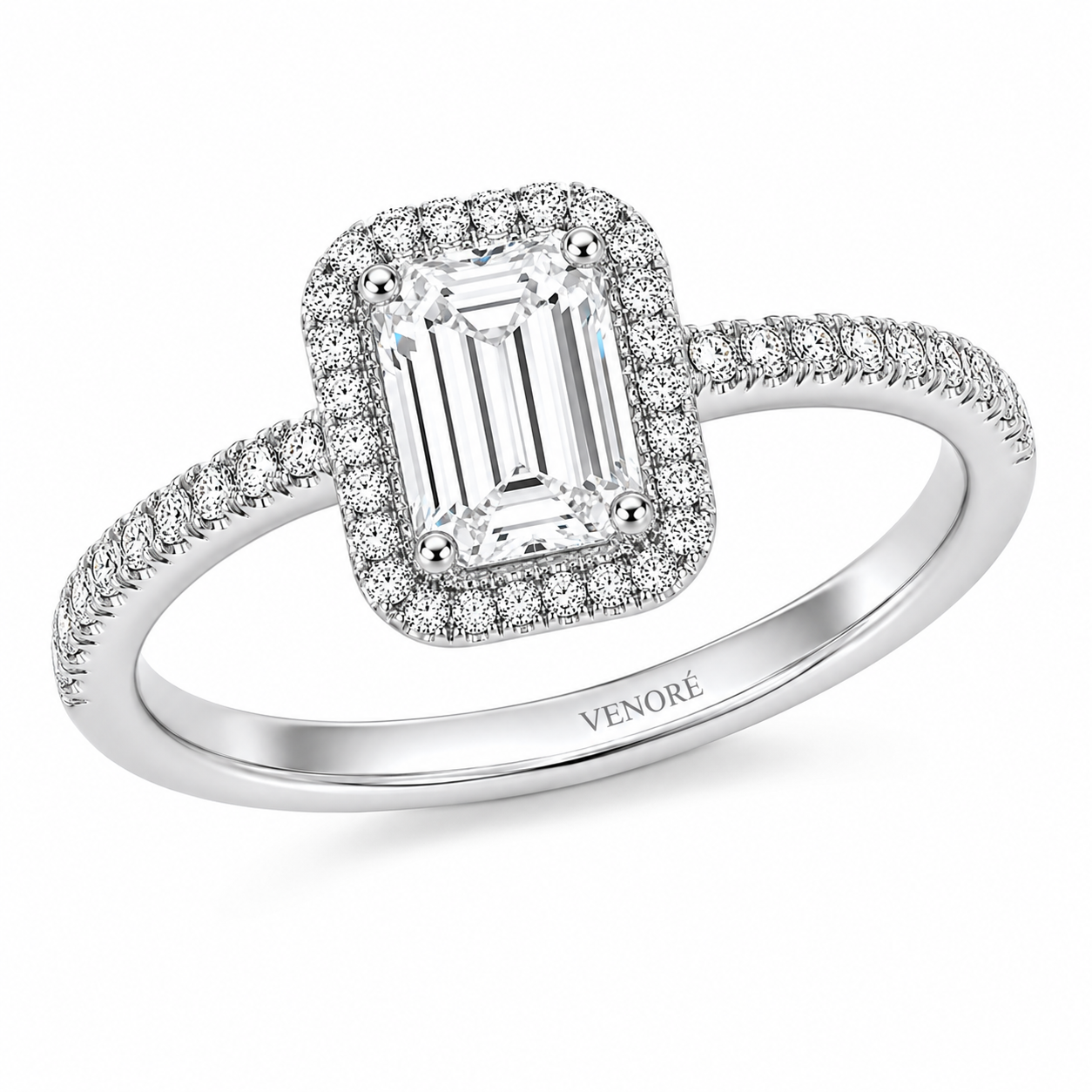 Emerald Cut Halo Lab Grown Diamond Ring with Pavé Band ✧ 1-4 Carat