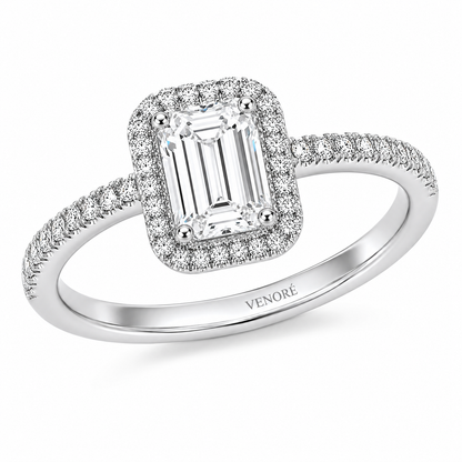 Emerald Cut Halo Lab Grown Diamond Ring with Pavé Band ✧ 1-4 Carat