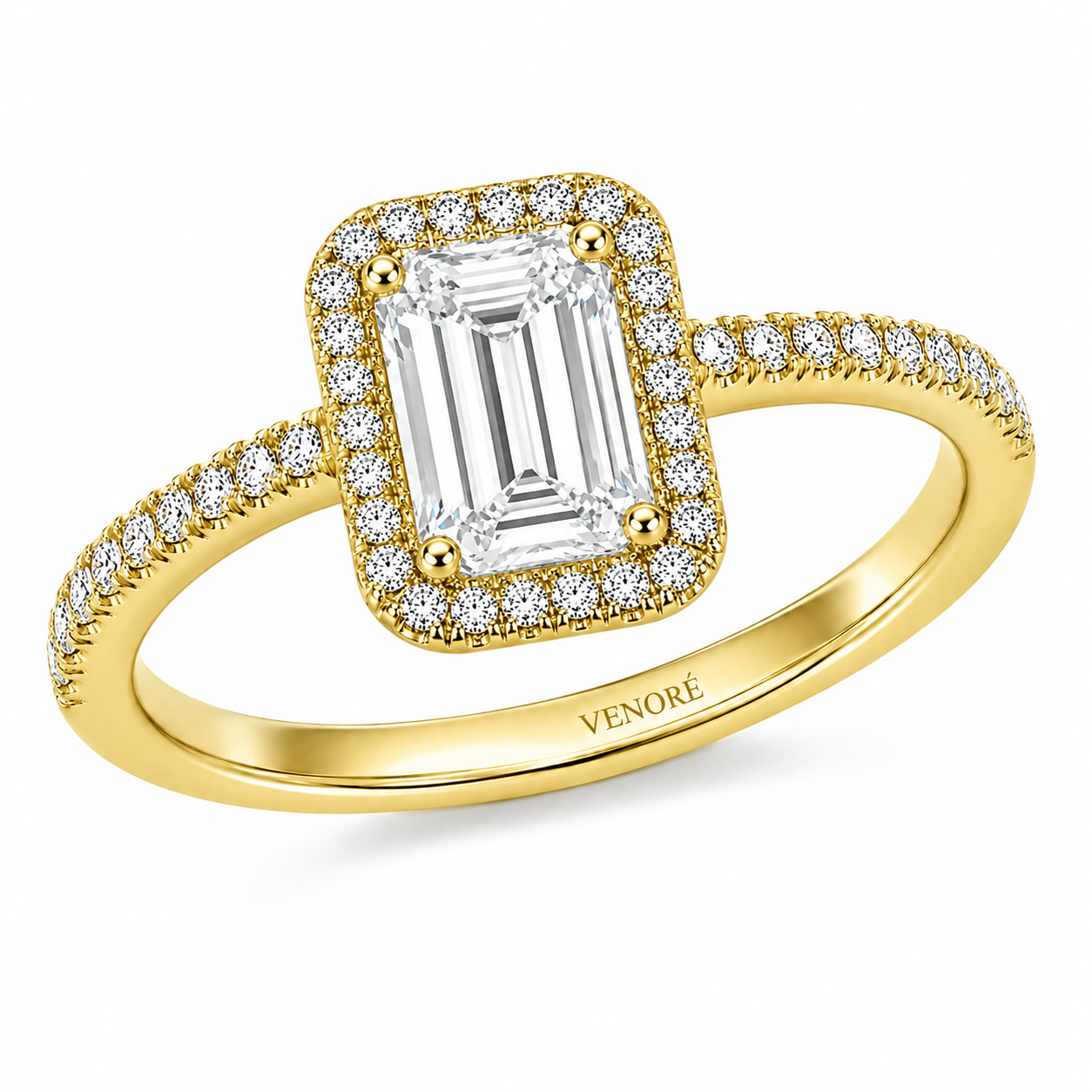 Emerald Cut Halo Lab Grown Diamond Ring with Pavé Band ✧ 1-4 Carat