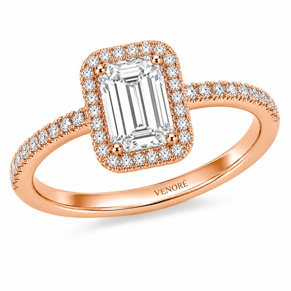 Emerald Cut Halo Lab Grown Diamond Ring with Pavé Band ✧ 1-4 Carat