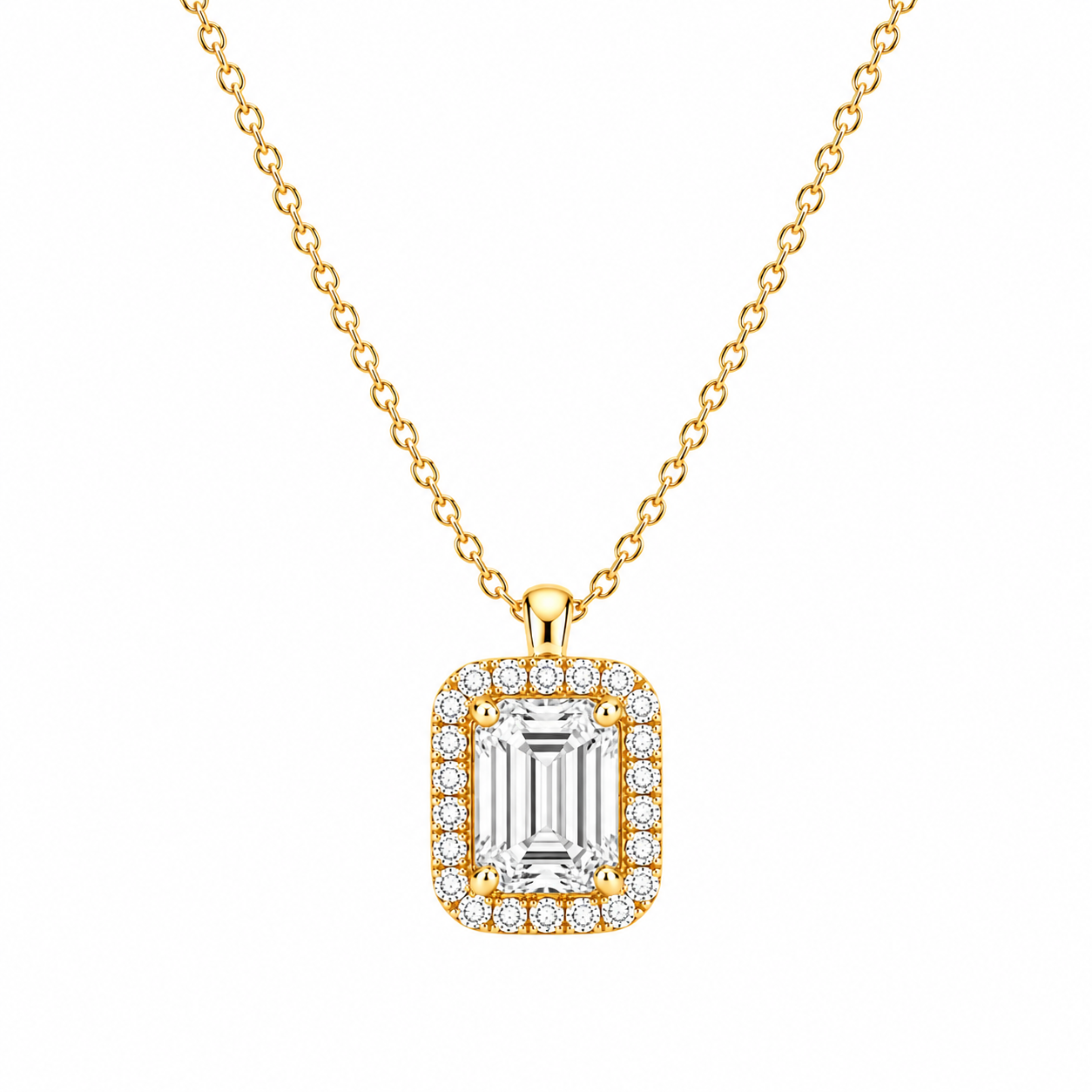 Emerald Cut With Halo Lab Grown Diamond Pendant with Chain ✧ 1–4 Carat