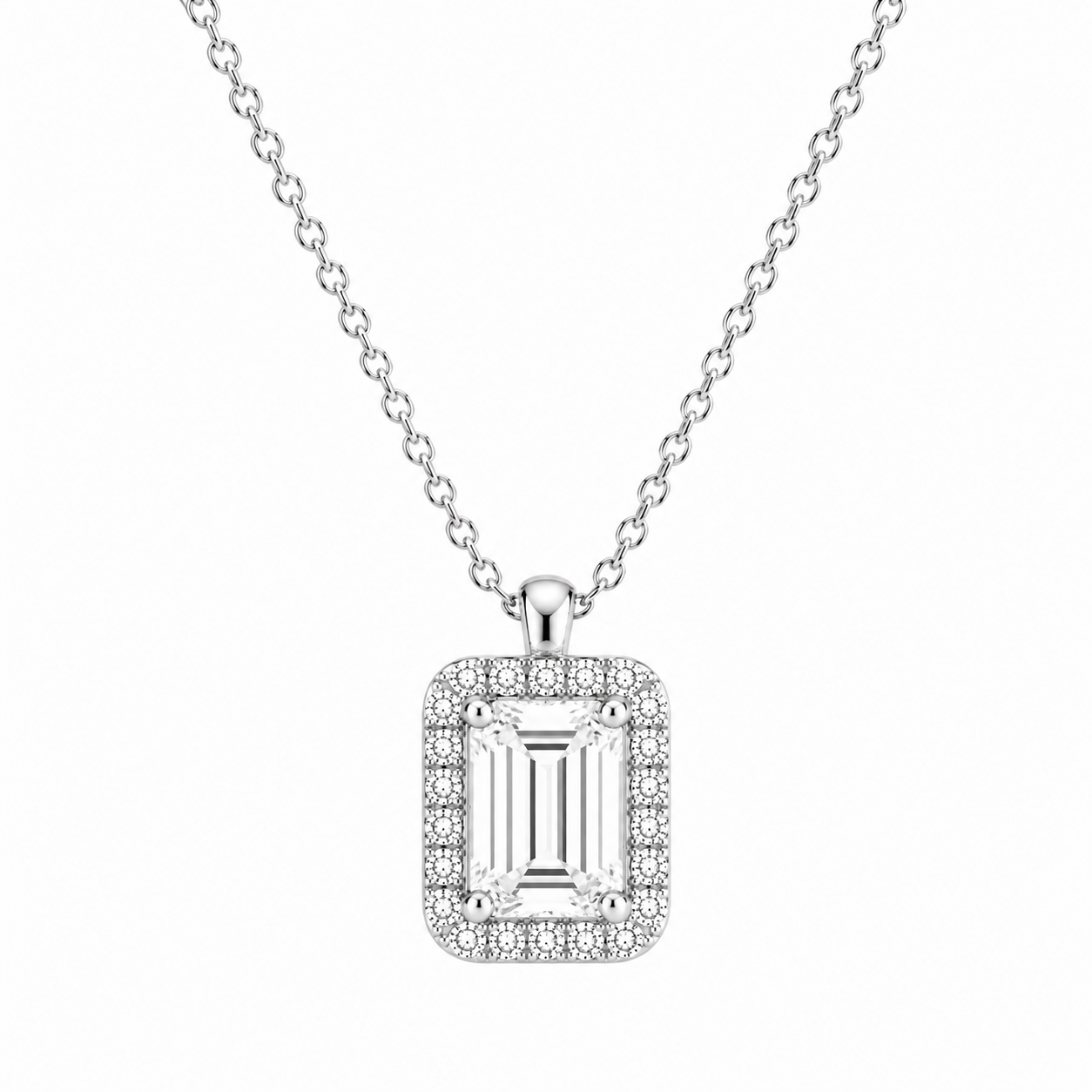 Emerald Cut With Halo Lab Grown Diamond Pendant with Chain ✧ 1–4 Carat