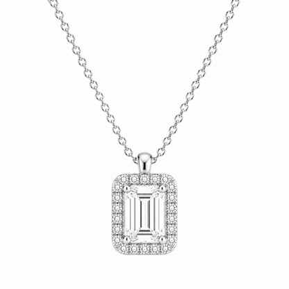 Emerald Cut With Halo Lab Grown Diamond Pendant with Chain ✧ 1–4 Carat