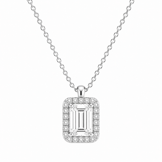Emerald Cut With Halo Lab Grown Diamond Pendant with Chain ✧ 1–4 Carat