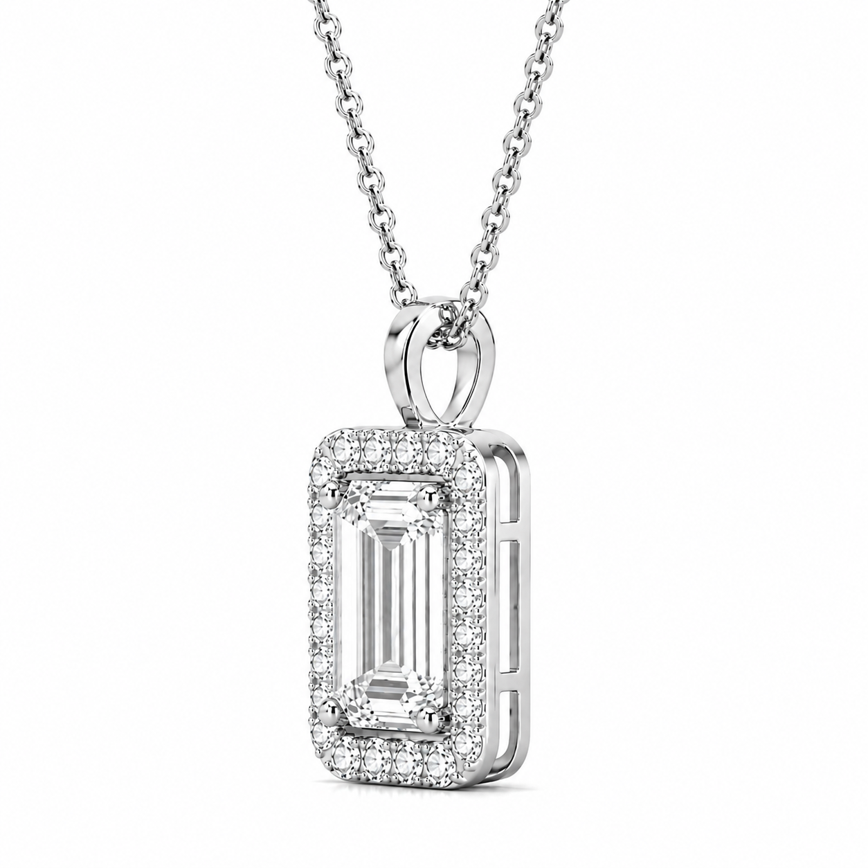 Emerald Cut With Halo Lab Grown Diamond Pendant with Chain ✧ 1–4 Carat