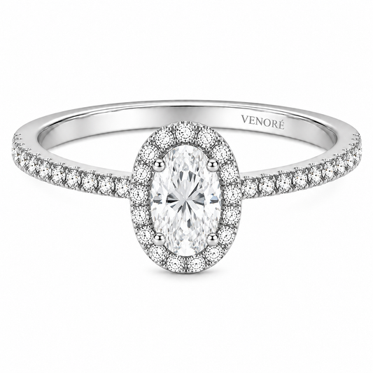 Oval Cut Halo Lab Grown Diamond Ring with Pavé Band ✧ 1-4 Carat