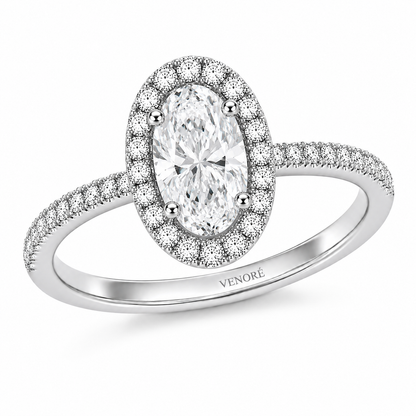 Oval Cut Halo Lab Grown Diamond Ring with Pavé Band ✧ 1-4 Carat