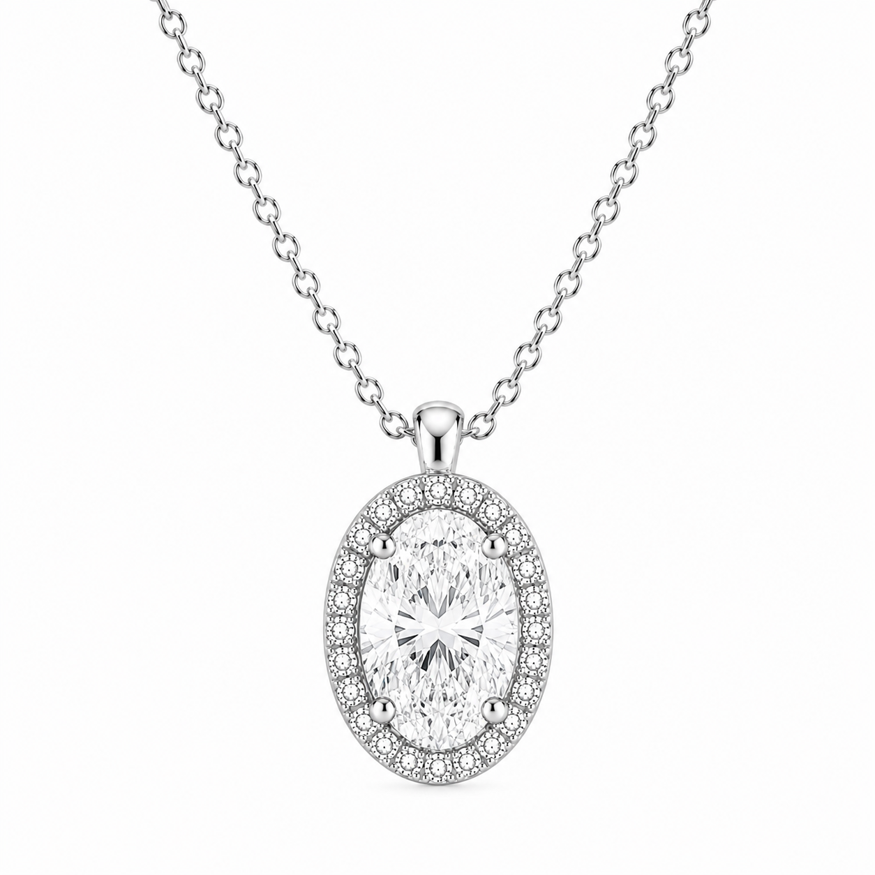 Oval Cut With Halo Lab Grown Diamond Pendant with Chain ✧ 1–4 Carat