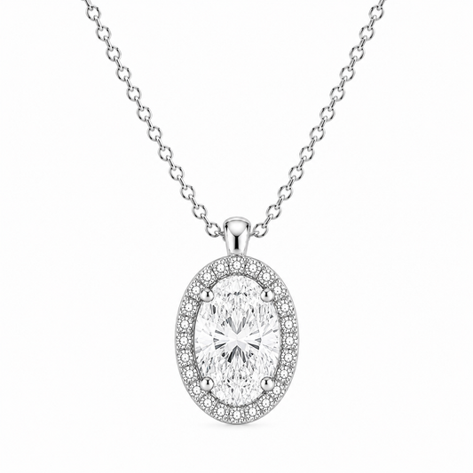 Oval Cut With Halo Lab Grown Diamond Pendant with Chain ✧ 1–4 Carat