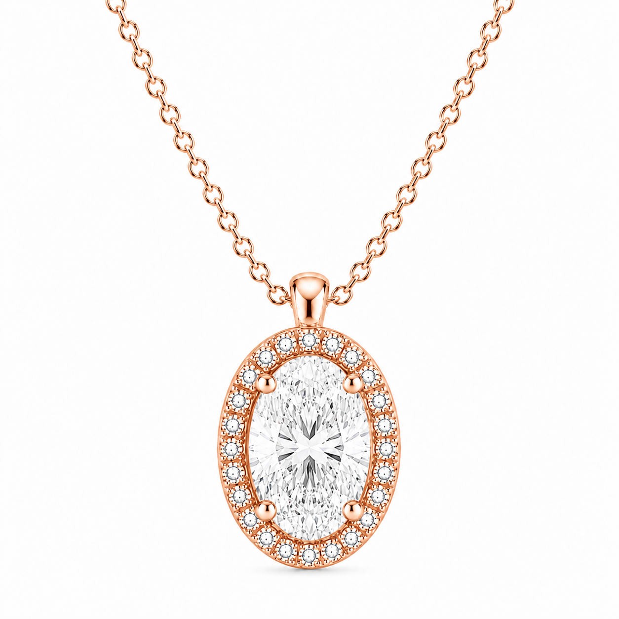 Oval Cut With Halo Lab Grown Diamond Pendant with Chain ✧ 1–4 Carat