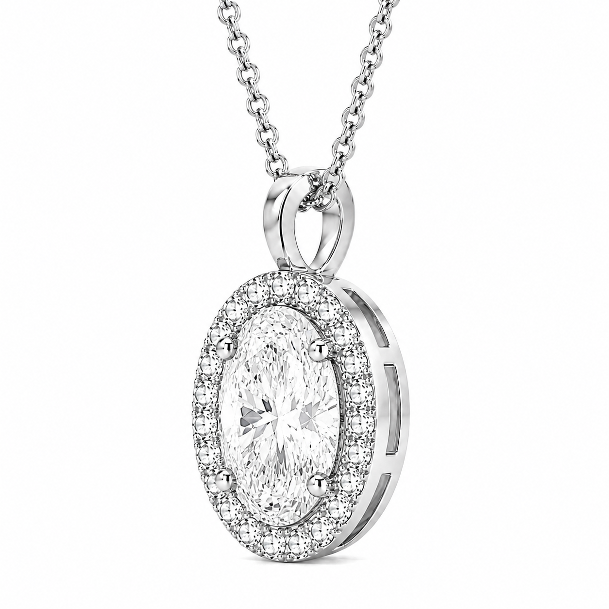 Oval Cut With Halo Lab Grown Diamond Pendant with Chain ✧ 1–4 Carat