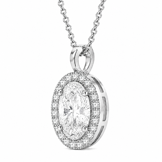 Oval Cut With Halo Lab Grown Diamond Pendant with Chain ✧ 1–4 Carat