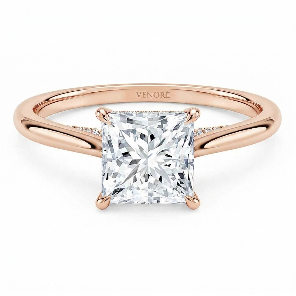 Princess Cut Cathedral Setting Lab Grown Diamond Ring with Hidden Halo and Pavé Bridge ✧ 1-4 Carat